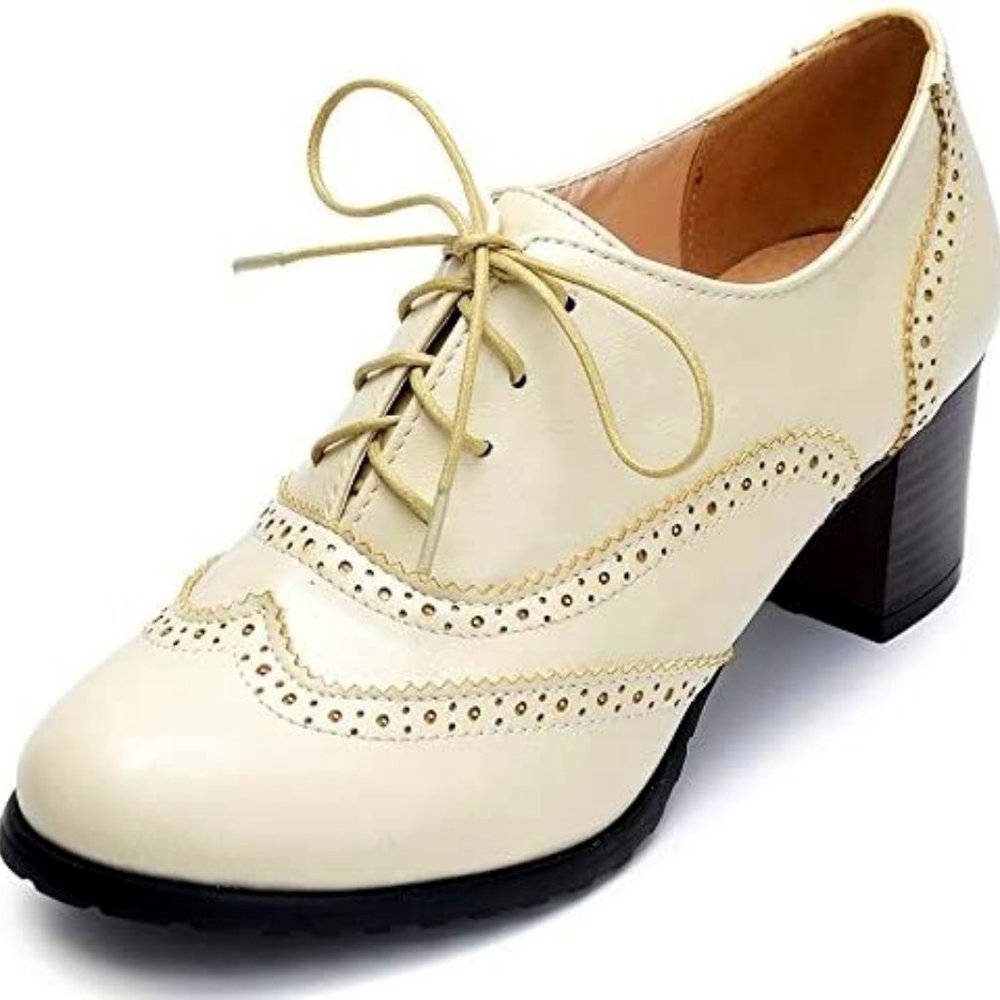 Odema Womens PU Leather Oxfords Wingtip Lace up Mid Heel Pumps Shoes NWT